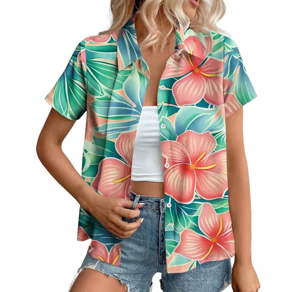 perfectbot Womens Button Down Short Sleeve Shirts Plus Size Top Vintage Hawaiian Shirt Casual Summer Blouse S-5XL