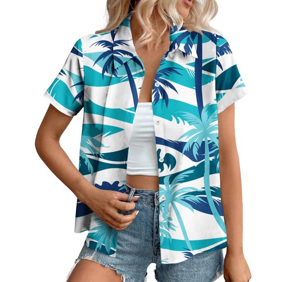 perfectbot Womens Button Down Short Sleeve Shirts Top Plus Size Vintage Hawaiian Shirt Casual Summer Blouse S-5XL