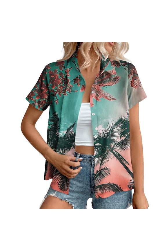 Womens Button Down Short Sleeve Shirts Top Vintage Hawaiian Shirt Plus Size Casual Summer Blouse S-5XL