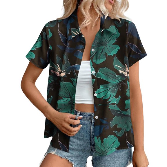 perfectbot Womens Button Down Short Sleeve Shirts Vintage Hawaiian Shirt Top Plus Size Casual Summer Blouse S-5XL