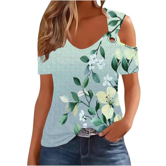 perfectbot Womens Floral Print Blouses Summer Hollow Out Short Sleeve Shirts Casual Relaxed Fit V-Neck Tops S-XXL
