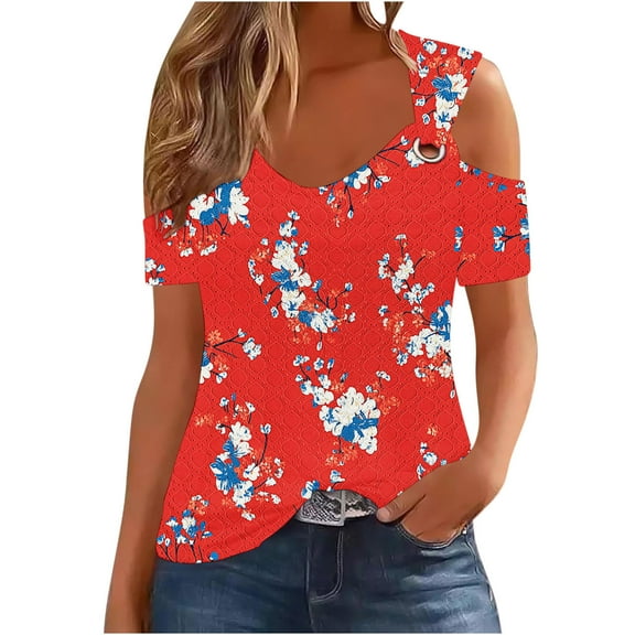perfectbot Womens Floral Print Blouses Summer Shirts Short Sleeve V-Neck Casual Hollow Out Relaxed Fit Tops S-XXL