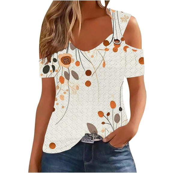 perfectbot Womens Floral Print Blouses Summer V-Neck Casual Short Sleeve Shirts Hollow Out Relaxed Fit Tops S-XXL