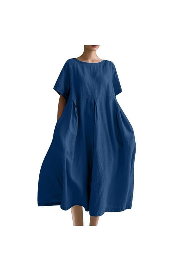 Womens Flowy Cotton Linen Midi Dress - Summer Short Sleeve Crewneck Plus Size 1X-5X Pleated Relaxed Tunic