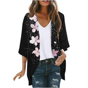 FAVIPT Blue Kimono Cardigan, Summer Floral Chiffon Lightweight Loose Boho Puff Sleeve Cover Up Casual Blouse Tops
