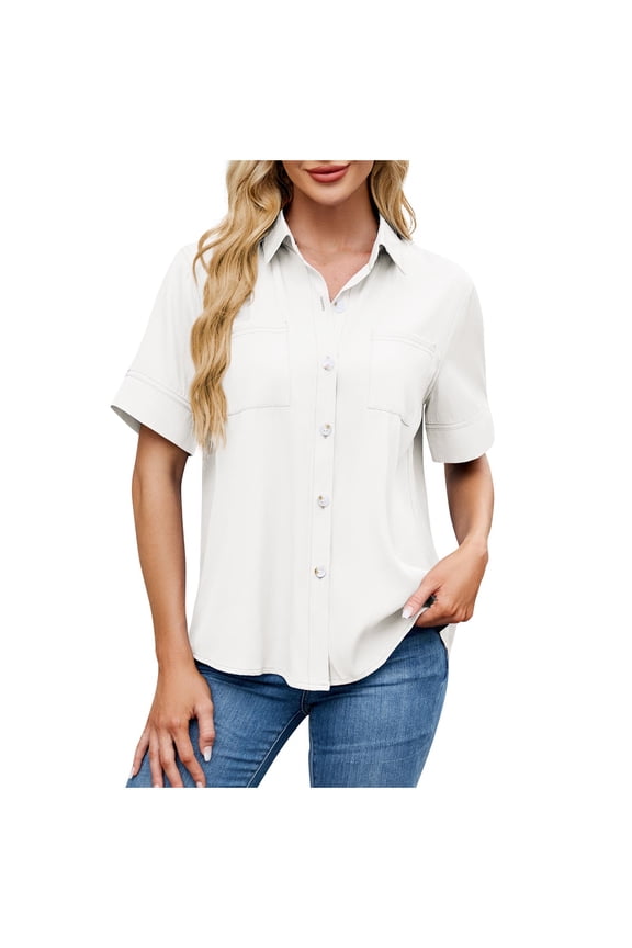 Womens Short Sleeve Lapel Blouses Button Down Shirts Solid Color Casual Relaxed Fit Summer Tops S-XXL