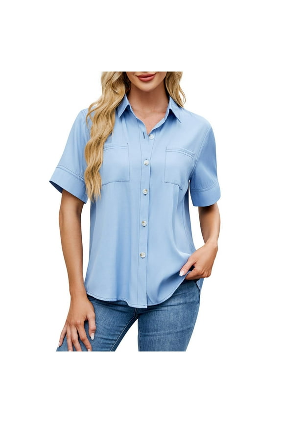 Womens Short Sleeve Lapel Blouses Button Down Shirts Solid Color Summer Casual Relaxed Fit Tops S-XXL