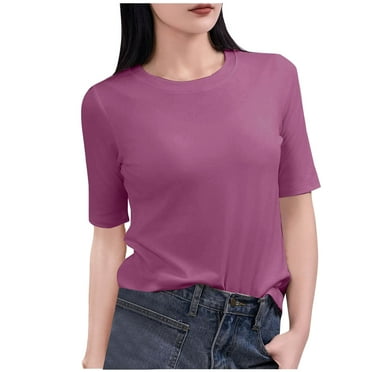 perfectbot Womens Tops Summer Elbow-Length Relaxed Fit Soft Crew Neck Solid Color Blouses Shirts Going Out Trendy M-XXL