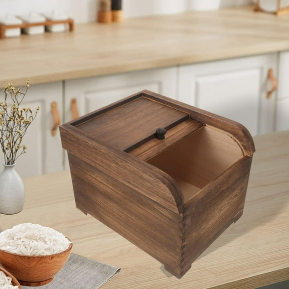 perfk Rice Dispenser, Wooden Cereal Container, Storage Dry Storage Rice Container Box, Wood Food Container for Rice, Beans, Grains Dark Brown