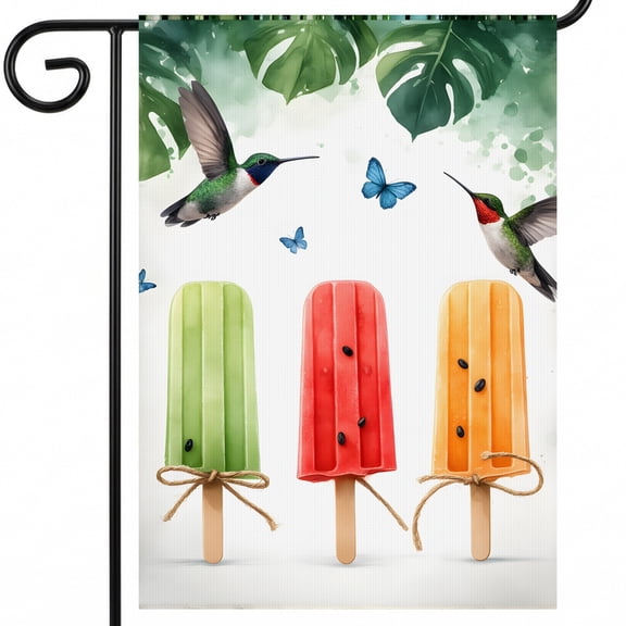 personalized summer flags Three popsicles with hummingbirds and butterflies flying around them. - flag for porch Standard 28x40 Inch Format for Deck Railing Display