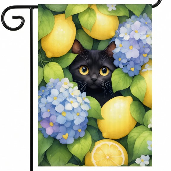 personalized summer garden flags A black cat peeking out from behind a bunch of lemons. O garden flag28x40 Inch Display Size for Colorful Garden Accent