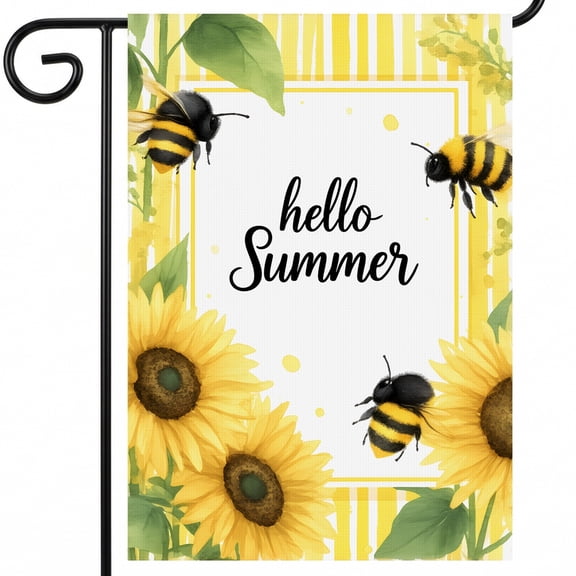 personalized summer garden flags A yellow and white striped background with sunflowers and bees. hello Summer outdoor flags for garden Full 28x40 Inch Dimensions for Cottage Garden Accent