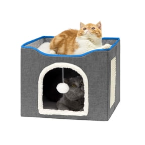 Behome Cat Bed, Cat Cave with Fluffy Ball and Scratch Pad, Foldable Cat Condo Hideaway with Reversible Cushion for Multi Small Pet, Dark Grey
