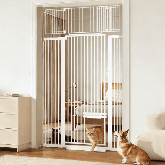 Pet Gate,Caveen 43''Extra Wide Cat Gate with Door,71" Extra Tall Dog Gate for Doorway Stair, White