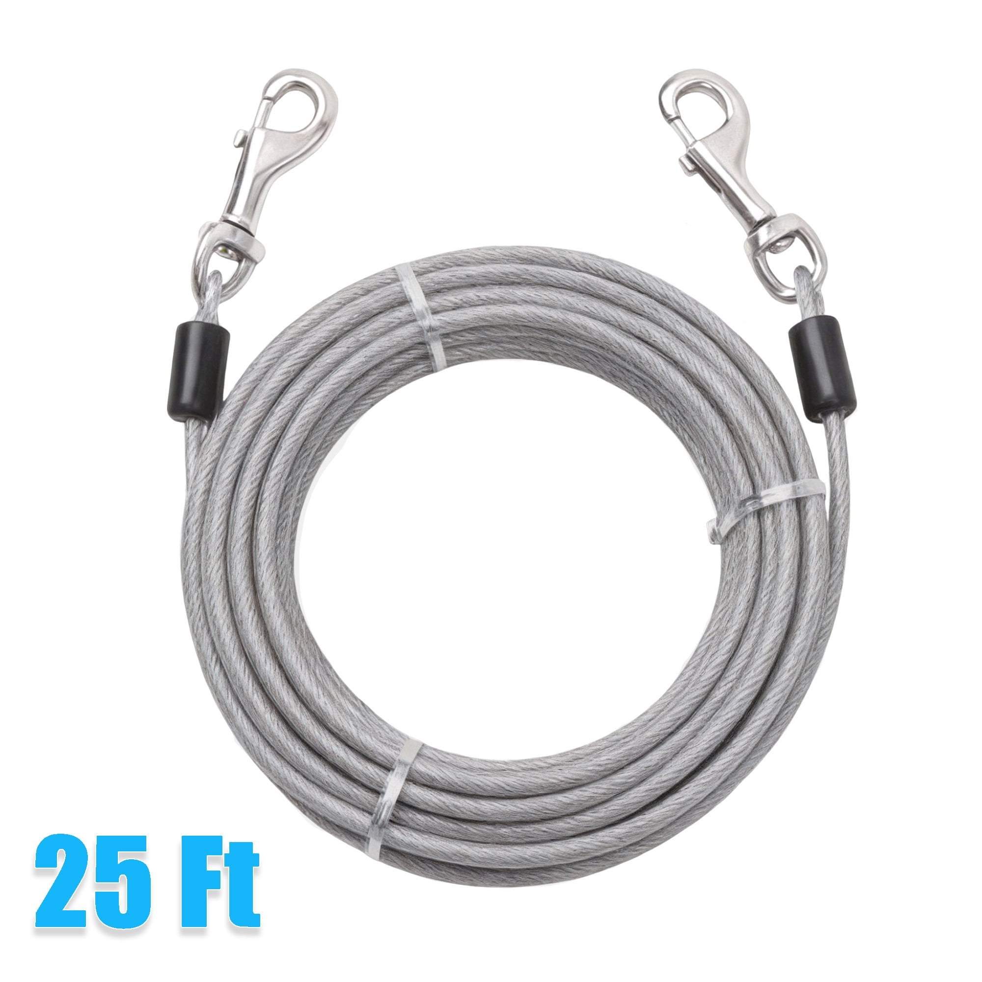 25 Ft Dog Tie Out Cable, Heavy‑Duty Steel Wire Dog Leash with 360° Swivel Hooks, Outdoor Dog Tether Cable for Yard, Park, Camping & Beach Walking