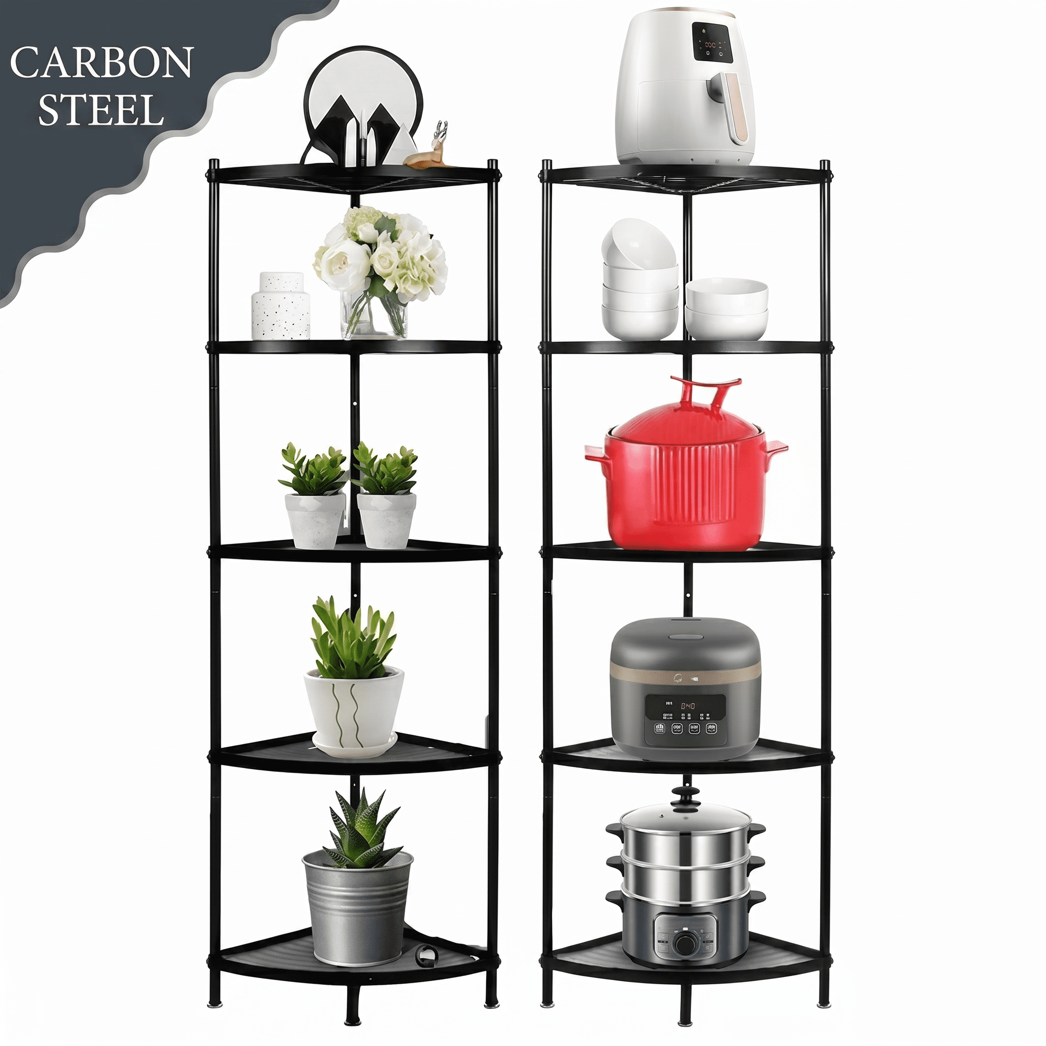 petoto 5-Tier Kitchen Pot Rack Stand Metal Wire Corner Shelf Rack Multi-Layer Storage Organizer Space Saving Storage Rack for Living Room, Office, Kitchen, Black