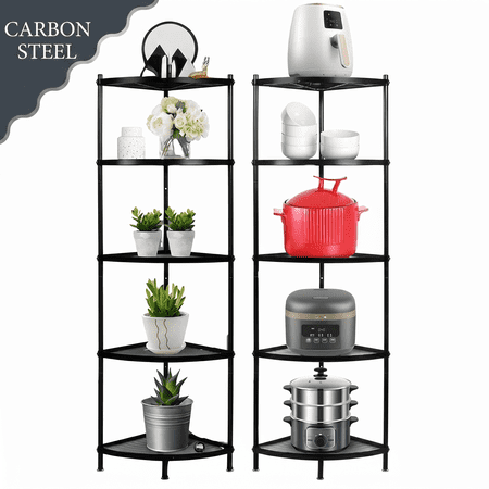 petoto 5-Tier Kitchen Pot Rack Stand Metal Wire Corner Shelf Rack Multi-Layer Storage Organizer Space Saving Storage Rack for Living Room, Office, Kitchen, Black