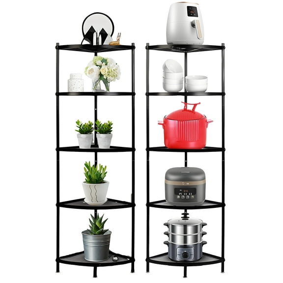 petoto 5-Tier Kitchen Pot Rack Stand Metal Wire Corner Shelf Rack Multi-Layer Storage Organizer Space Saving Storage Rack for Living Room, Office, Kitchen, Black