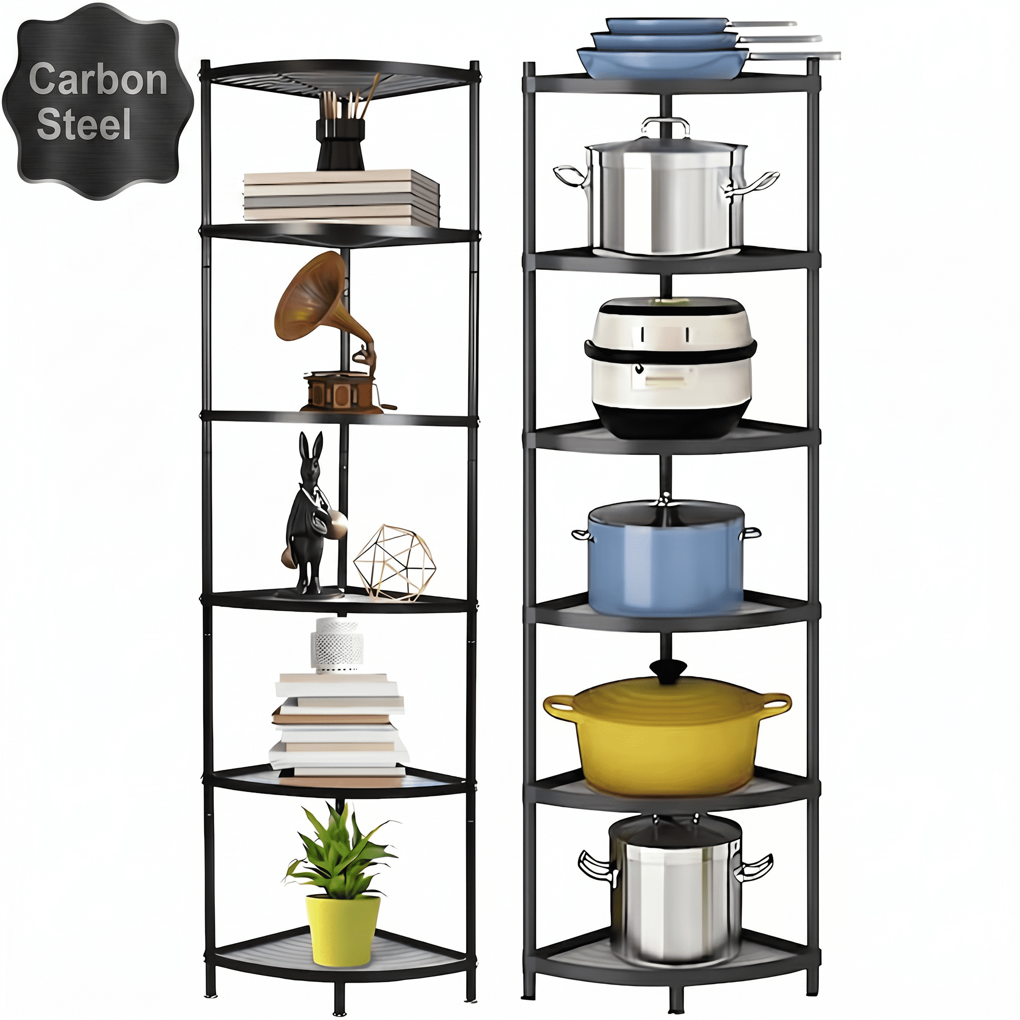 Petoto 6-Tier Kitchen Corner Shelf, 65" Tall Carbon Steel Pot Rack Pan Organizer, Corner Shelf Stand for Living Room, Home