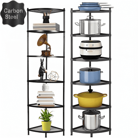 Petoto 6-Tier Kitchen Corner Shelf, 65" Tall Carbon Steel Pot Rack Pan Organizer, Corner Shelf Stand for Living Room, Home