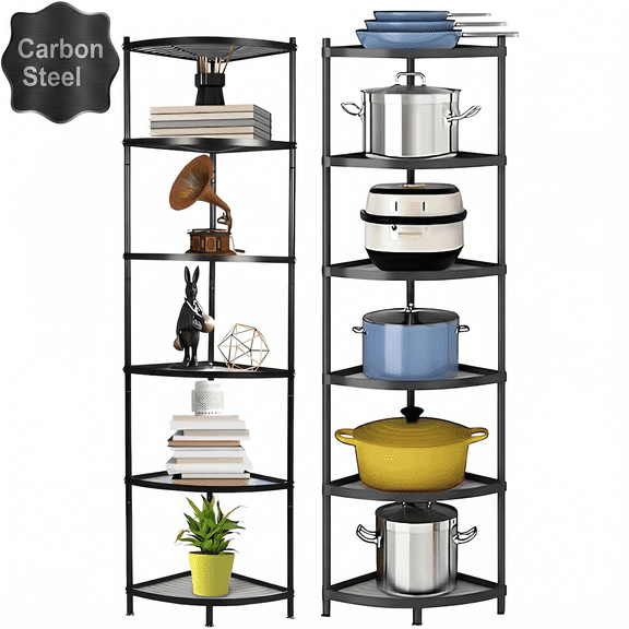 Petoto 6-Tier Kitchen Corner Shelf, 65" Tall Carbon Steel Pot Rack Pan Organizer, Corner Shelf Stand for Living Room, Home