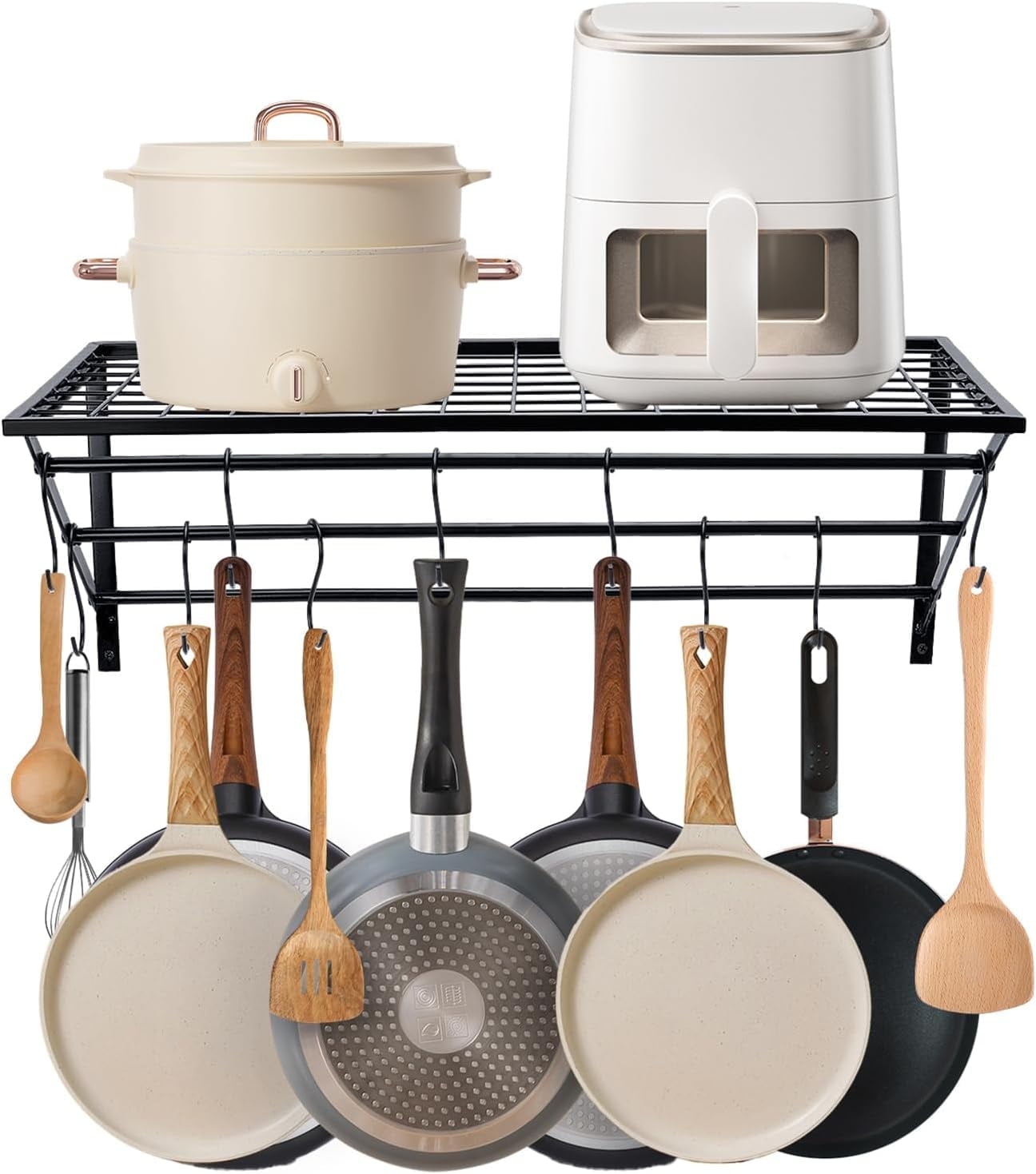 petoto Hanging Pot Rack, Wall Mounted 2-Tier Pot and Pan Rack, Kitchen Storage Shelf with 10 S-Shaped Hooks - Walmart.com