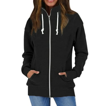 pgeraug womens tops long sleeve warm hoodless stcollar solid color zip jacket winter coats for women black l