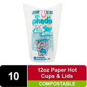 Phade Marine Biodegradable and Compostable Paper Hot Cups with Lids, 12 oz, Squiggle Multi Color, 10 Count