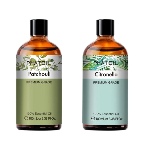 PHATOIL Patchouli and Citronella Oil Set,100% Pure Essential Oils for Diffusers,Skin,Candle making,Body,Air Purifier,Aromatherapy,100mL 2 Pack
