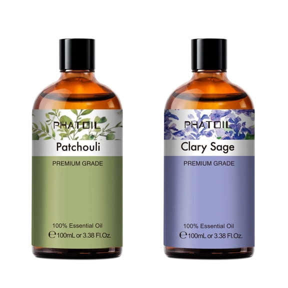 PHATOIL Patchouli and Clary Sage Essential Oil Set for Air Purifier,Diffuser,Skincare,Massage,humidifier,Candle Making,3.38Fl.Oz