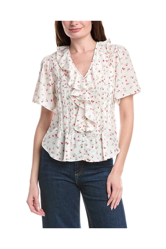 womens Pintuck Printed Ruffled Top, s, Blue