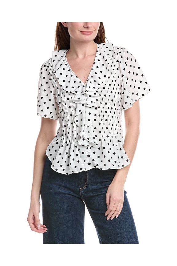 womens  Pintuck Printed Ruffled Top, xs, White