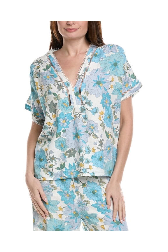 womens Printed Linen-Blend Blouse, XL, Grey