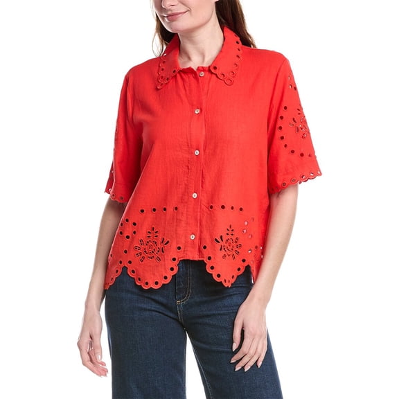 philosophy womens Scallop Hem Button Front Linen-Blend Top, xs, Pink