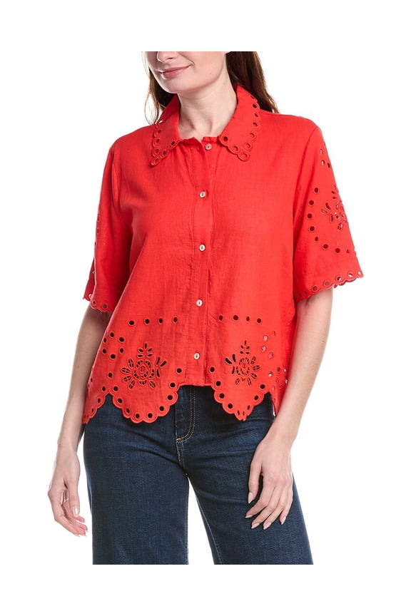 womens Scallop Hem Button Front Linen-Blend Top, xs, Pink