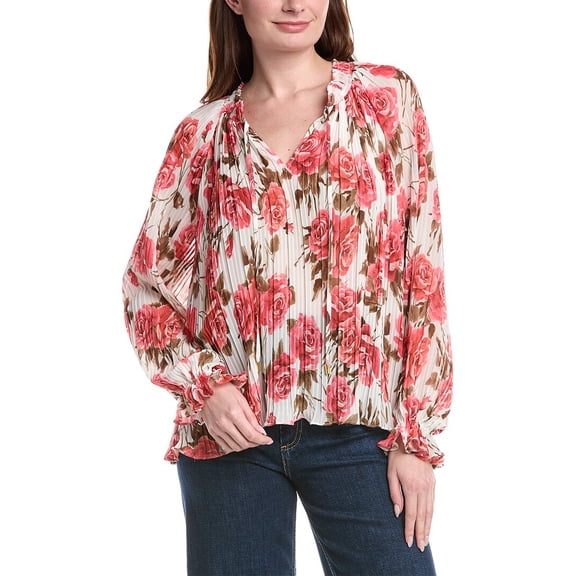 philosophy womens Smocked Tie Neck Printed Plisse Blouse, m, Pink