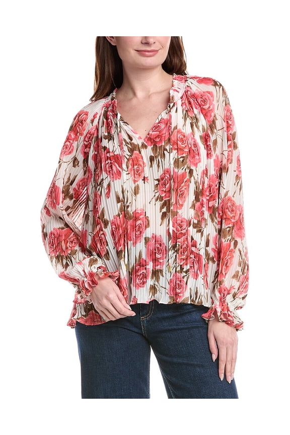 womens Smocked Tie Neck Printed Plisse Blouse, m, Pink