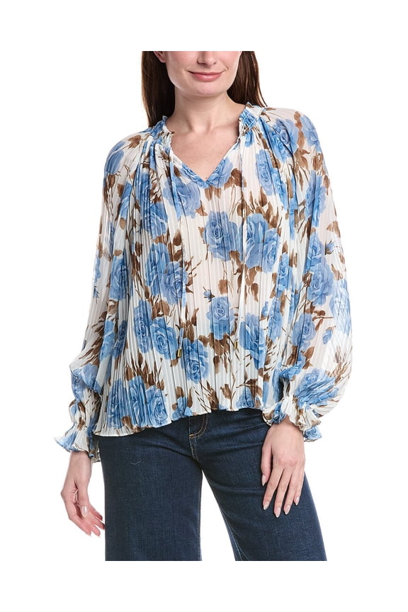 womens Smocked Tie Neck Printed Plisse Blouse, xs, Blue
