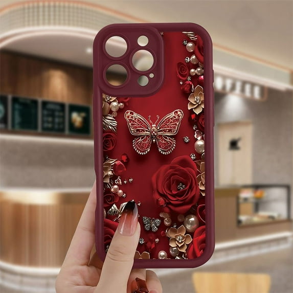 This phone case features flexible red TPU material, retro Red Rhyme Rose Butterfly for protection, perfect for New Year, holiday or birthday gifts,iPhone 16, 15, 14, 13, 12 and 11 Plus Pro Max models.