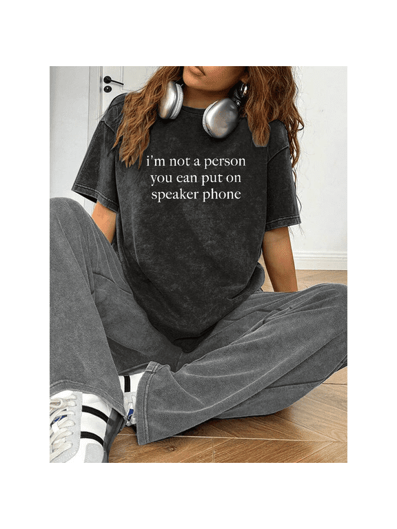 "phone" letter graphic Water Washed T-shirt top, round-neck short-sleeved Casual comfortable Black S-2XL Plus Size