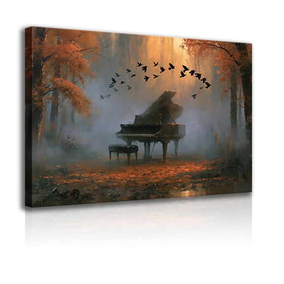 A piano wall art piece in an autumn forest, framed on canvas, featuring birds and mist intertwined in the poster; a music-themed pianist gift, suitable for living rooms and music studios.