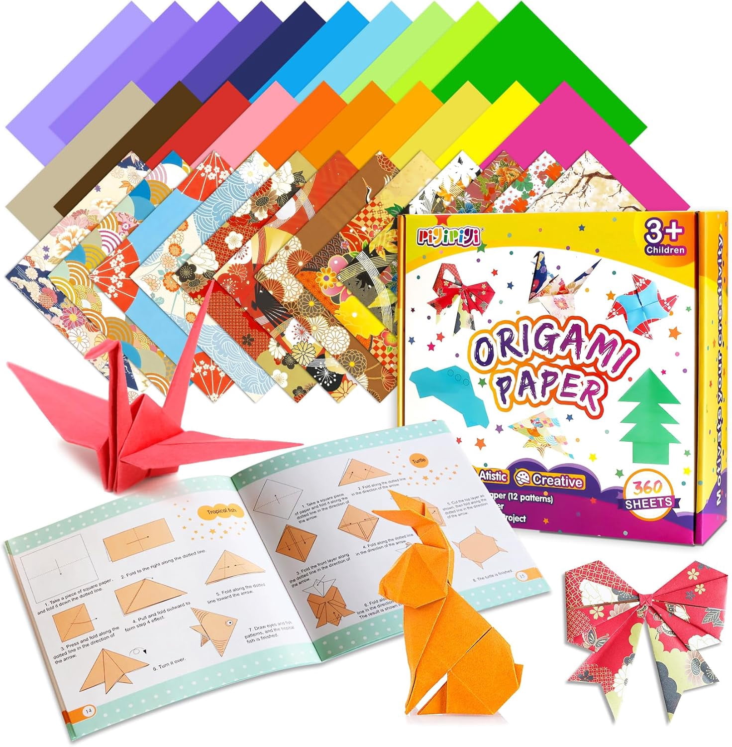 pigipigi Craft Origami Paper for Kids - 360 Sheets Colorful Folding Paper 60 Japanese Patterns 6 Inch Easy Origami Book Beginner Art Project Kit for 5 6 8 9 12 Years Old Girl Boy Birthday Gift