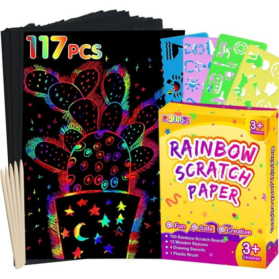 pigipigi Rainbow Scratch Paper Art: 117 Pcs Magic Scratch Off Craft Kit for Kids Color Drawing Note Pad Supply for Children Girls Boys DIY Party Favor Game Activity Birthday Christmas Toy Gift Set