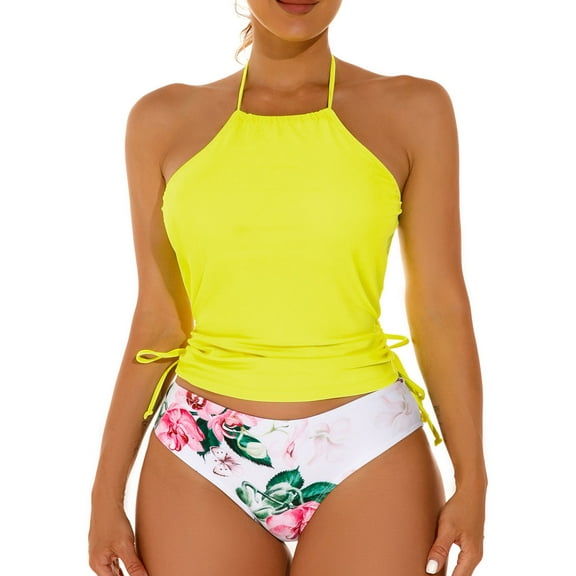 pimelu Bathing Suit Womens Swimsuits Bikini Sets for Women Two Piece Swimsuits Strap Halter Tankini Sets with Drawstring Summer Fashion Floral Print Slim Swimwear with Trunks