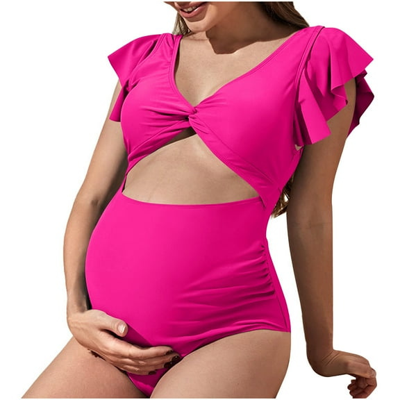 pimelu Bathing Suit Womens Swimsuits Maternity Swimsuits for Women One Piece Swimsuit Maternity Bathing Suit for Women Twist Knotted Hollowed Ruffle Layer Trim Monokini Swimwear