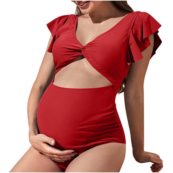pimelu Bathing Suit Womens Swimsuits Maternity Swimsuits for Women One Piece Swimsuit Maternity Bathing Suit for Women Twist Knotted Hollowed Ruffle Layer Trim Monokini Swimwear