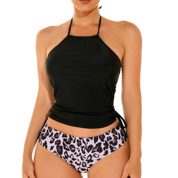 pimelu Bathing Suit Womens Swimsuits Two Piece Swimsuits for Women Tankini Sets Slim Strap Halter Tankini Sets with Drawstring Summer Vintage Leopard Swimwear with Trunks