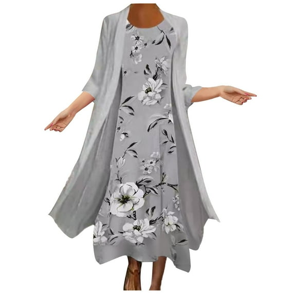 "pimelu Beach Dresses for Women Casual Summer,Womens Plus Size Summer Dresses Flowy Floral Print Two-Piece Set Dress Crewneck Sleeveles Dress Cadigan for Wedding Guest Clothes"
