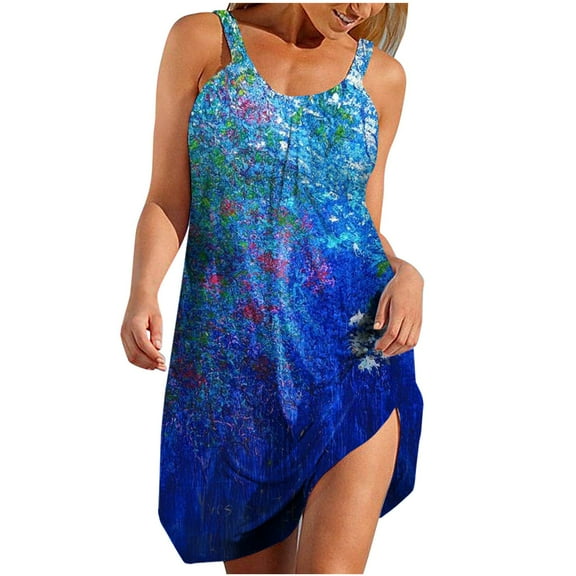 pimelu Boho Sundresses for Women 2024 Casual Dresses for WomenSleeveless Summer Beach Dresses Floral Print U Neck A Line Spaghetti Straps Mini Dresses Clothes