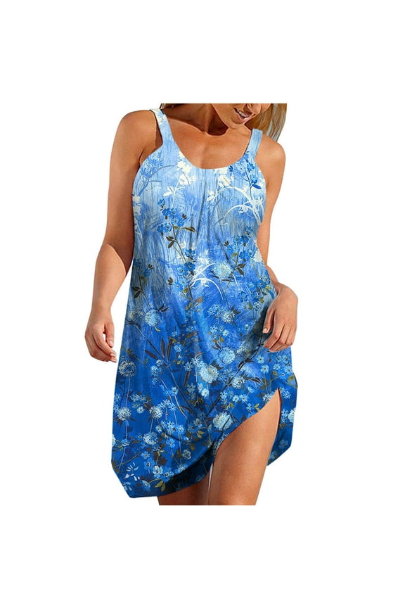 Boho Sundresses for Women 2024 Casual Dresses for WomenSleeveless Summer Beach Dresses Floral Print U Neck A Line Spaghetti Straps Mini Dresses Clothes
